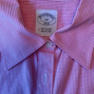 Brooks Brothers cotton button down, pink mini check, size 12 petite.